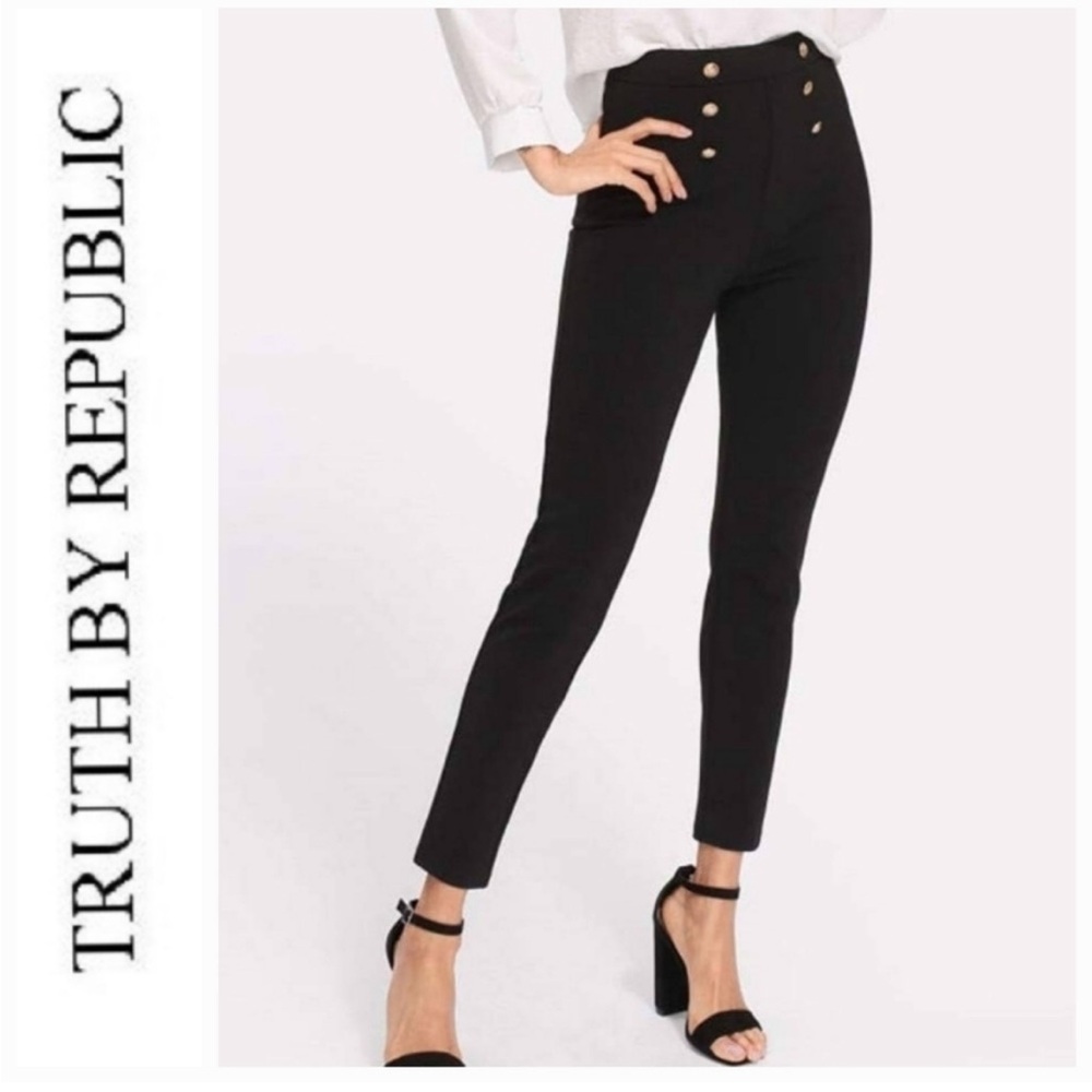 Truth By Republic Black Ponte Pant with sailor nautical buttons, skinny leg M